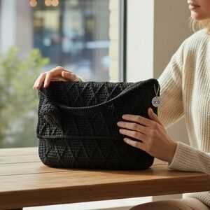 The Sak Black Shoulder Satchel Bag Crocheted Fold Over Flap